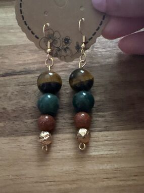 Handmade Beaded Drop Earrings w Tigers Eye, Indian Agate, Goldstone & Lava Stone